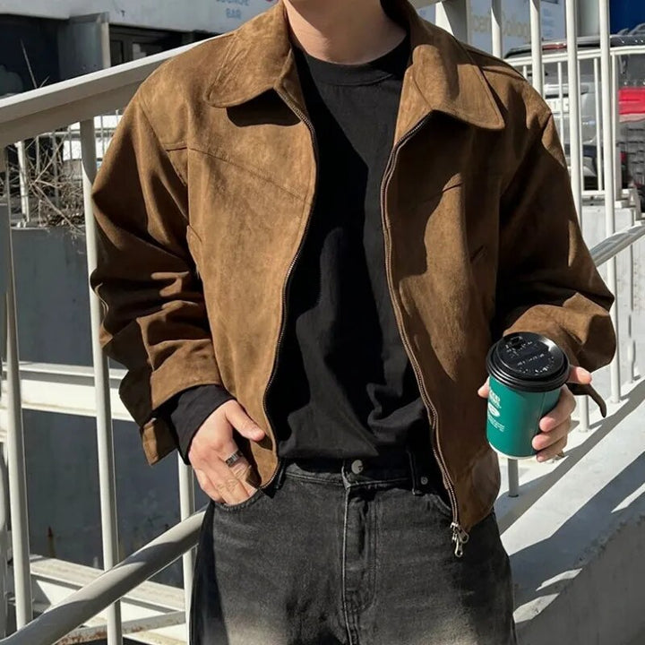 Fashionable men's vintage casual zip jacket, durable brown outerwear for versatile styling.