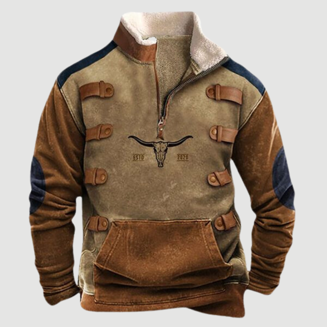 Men's zip-up vintage fleece jumper, offering warmth & comfort for cold weather & outdoor wear.
