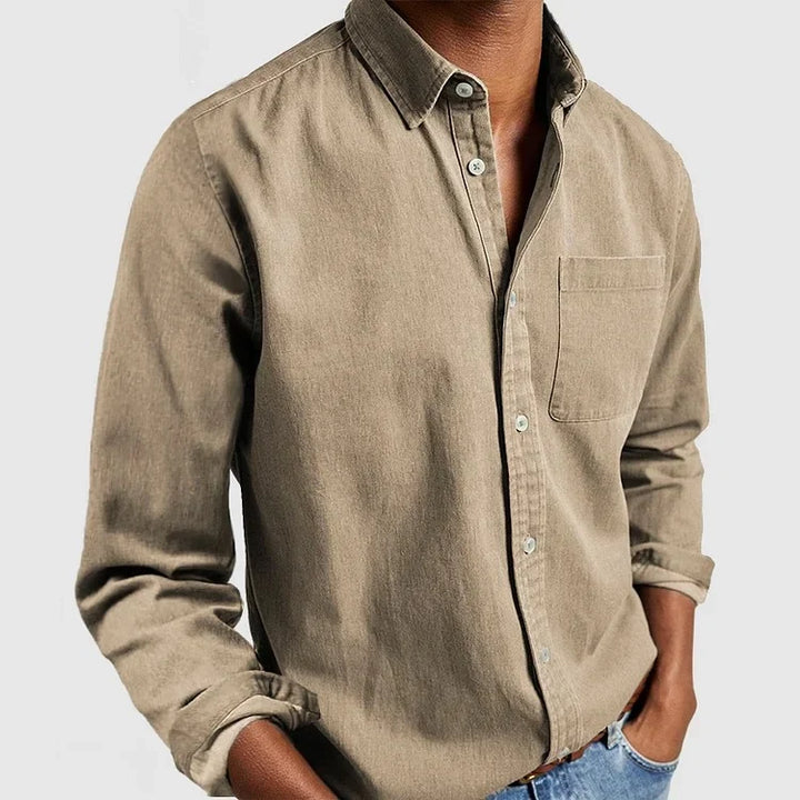 Relaxed fit men's long sleeve button-down shirt in vintage style, ideal for layering or versatile casual outfits.