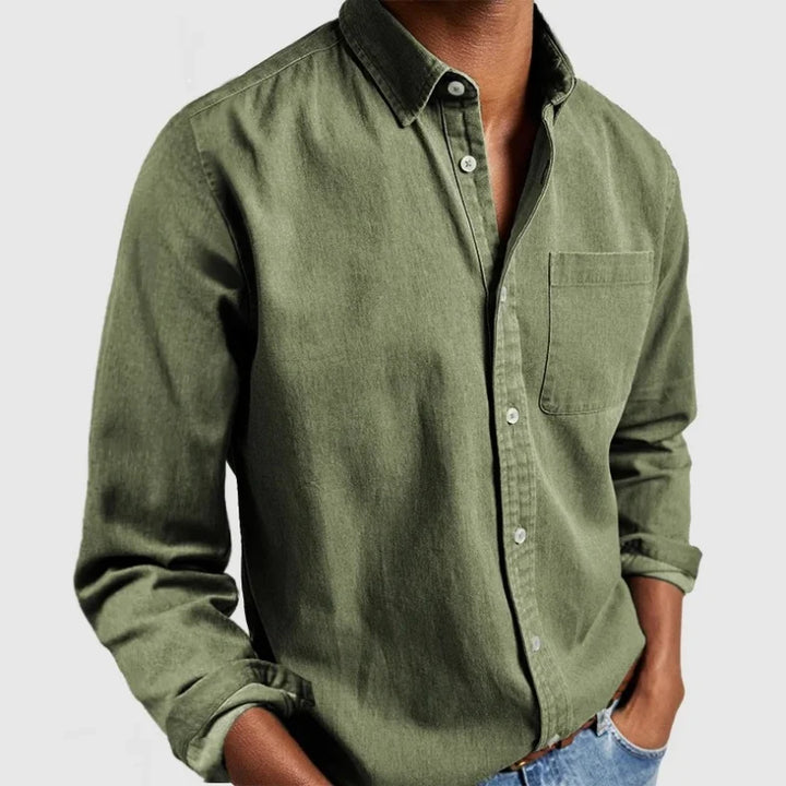 Classic men's long sleeve button-down shirt with a vintage wash, great for a stylish, comfortable casual look.