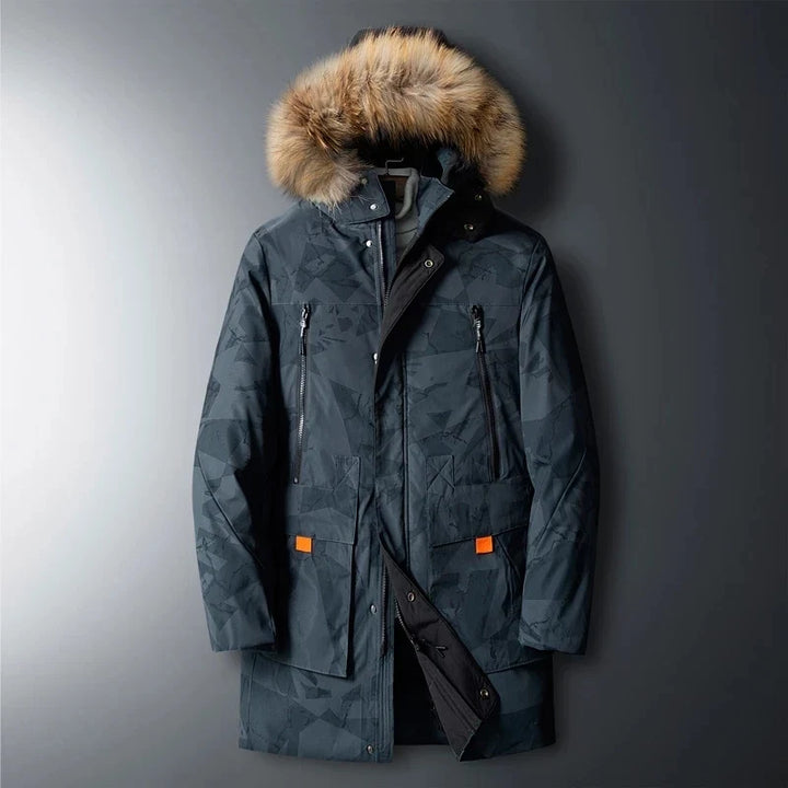 Stylish men's insulated parka coat, offering ultimate cold weather protection. Essential winter outerwear.