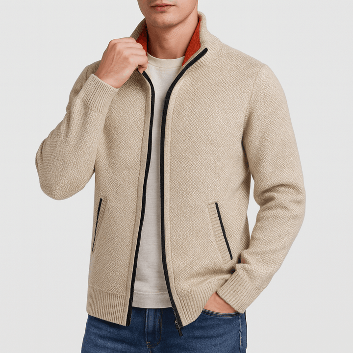 Men's zip collar cardigan in versatile style, perfect for smart casual or business casual layering in fall/winter.