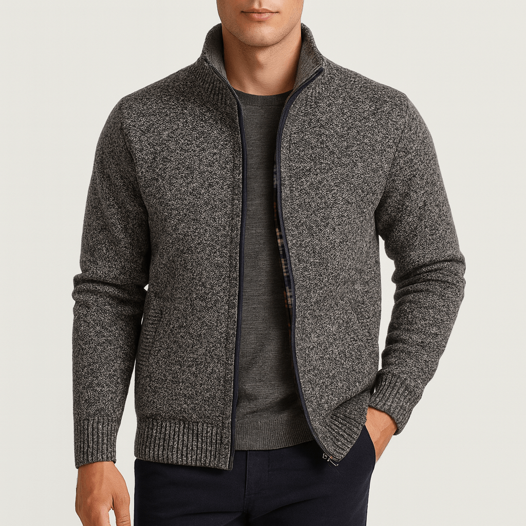 Comfortable men's zip collar cardigan, ideal for everyday wear, providing warmth and a versatile, effortless look.