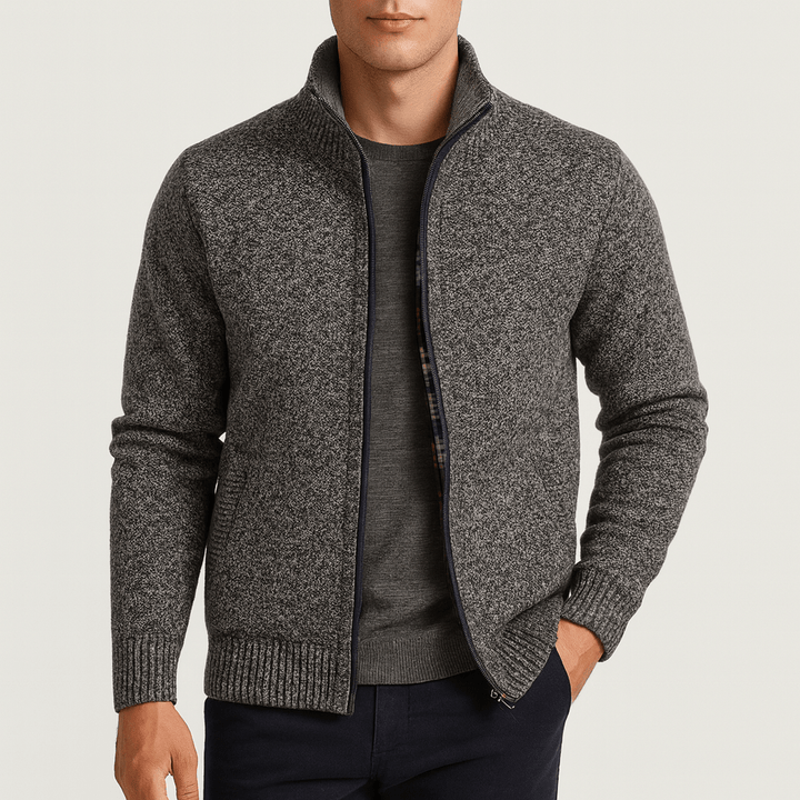 Stylish men's zip-collar cardigan. A comfortable, versatile layering piece for casual & smart-casual wear.