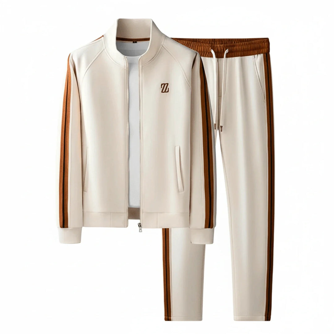 Modern men's zip-up tracksuit set, including a jacket and joggers for a sleek street style look.