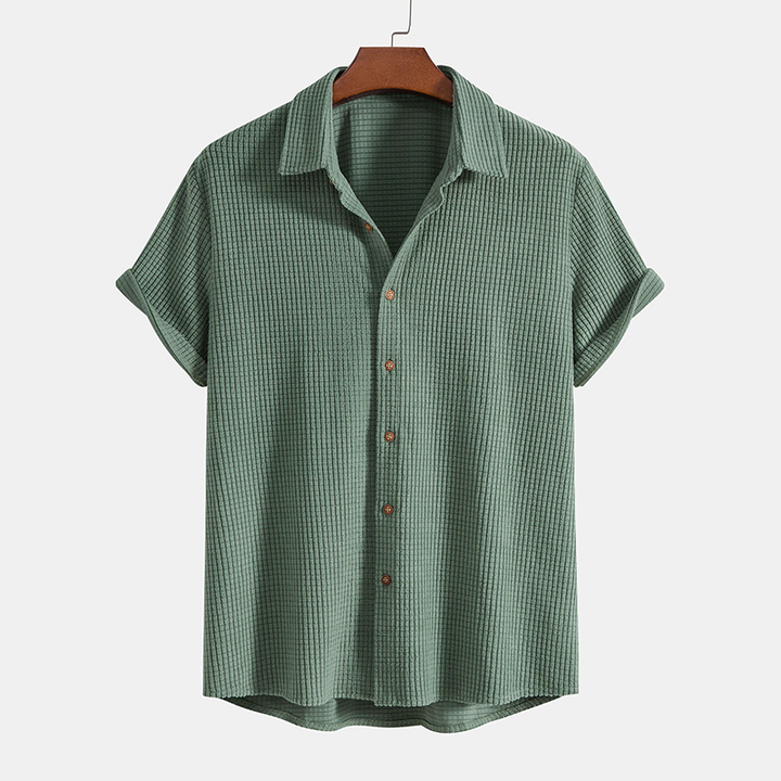 Textured men's casual short sleeve shirt and matching drawstring shorts set.