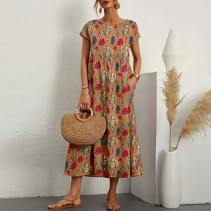 "Midikleid aus Baumwollleinen, A-Linie, Rundhals, in leuchtenden Farben für lässige Sommermode, kurzärmelig, atmungsaktiv"