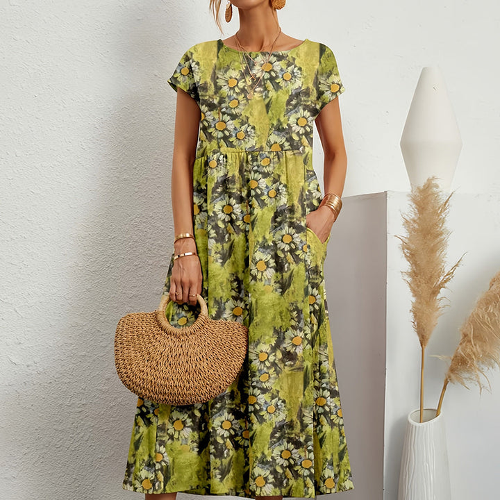 "Midikleid aus Baumwollleinen, A-Linie, Rundhals, in leuchtenden Farben für lässige Sommermode, kurzärmelig, atmungsaktiv"