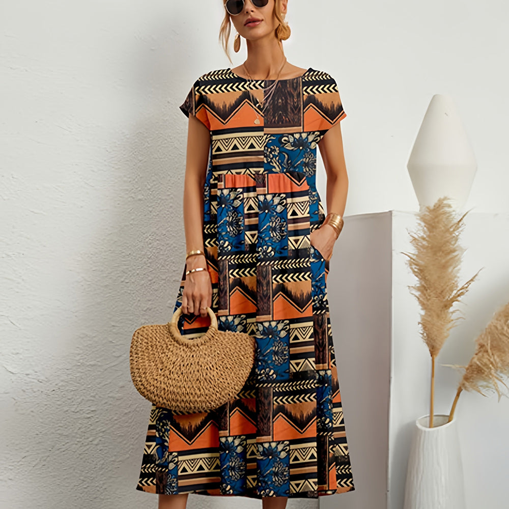 "Midikleid aus Baumwollleinen, A-Linie, Rundhals, in leuchtenden Farben für lässige Sommermode, kurzärmelig, atmungsaktiv"