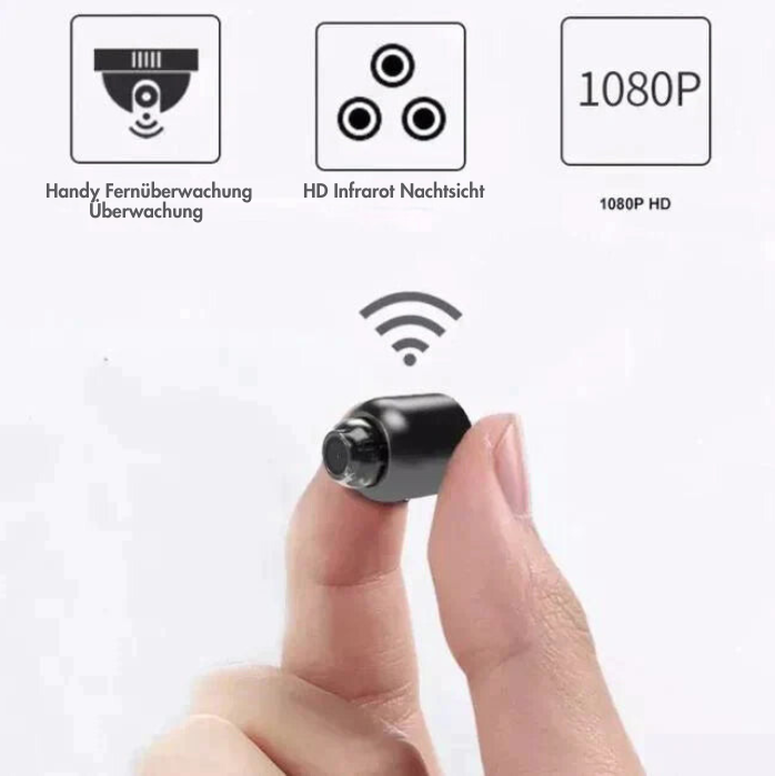 "Mini Wi-Fi Sicherheitskamera mit Nachtsicht, kompakt in Schwarz, für den Innenbereich, mit hoher Auflösung und Fernzugriff."