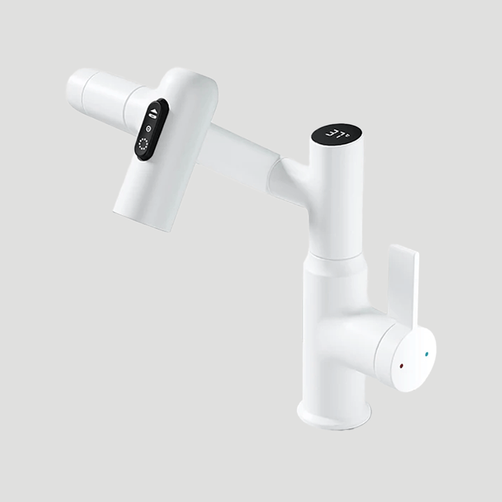Efficient smart faucet offering real-time LED temperature display and flexible 360° swivel for kitchen/bath.