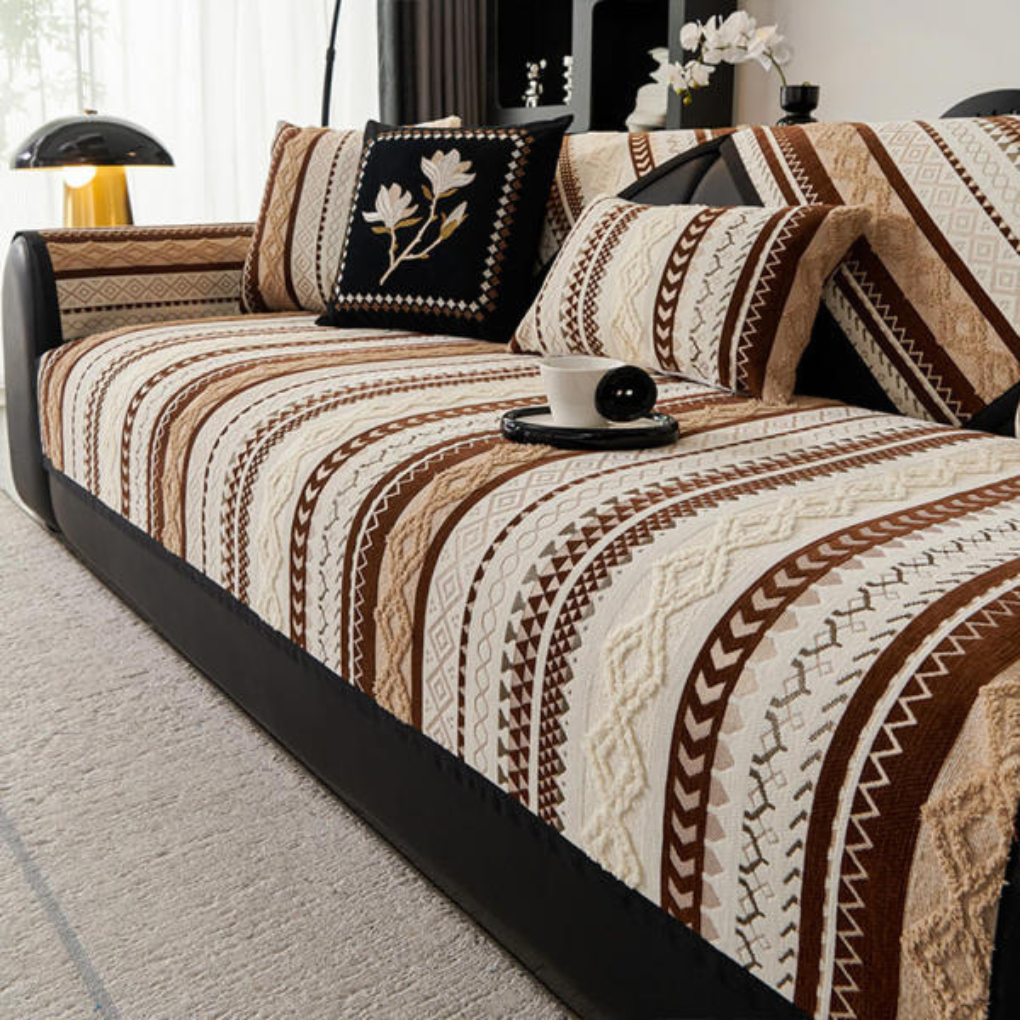 Close-up of non-slip suede sofa cover with modern color block design, protecting furniture from pets