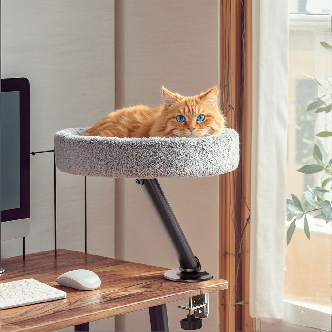 Modern desk-mounted cat bed in light wood, perfect for workspace cats, easy installation.