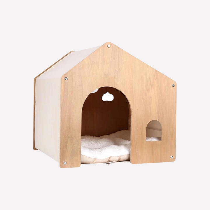 Modern elevated cat bed, wooden frame with plush grey cushion, comfy pet furniture for small cats.