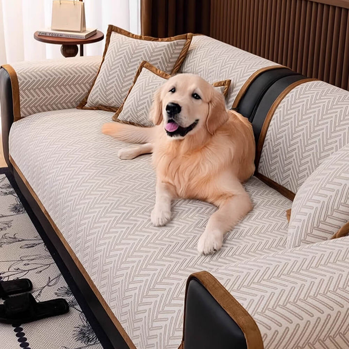Modern herringbone chenille sofa cover, anti-scratch material, non-slip design, pet friendly couch protector.