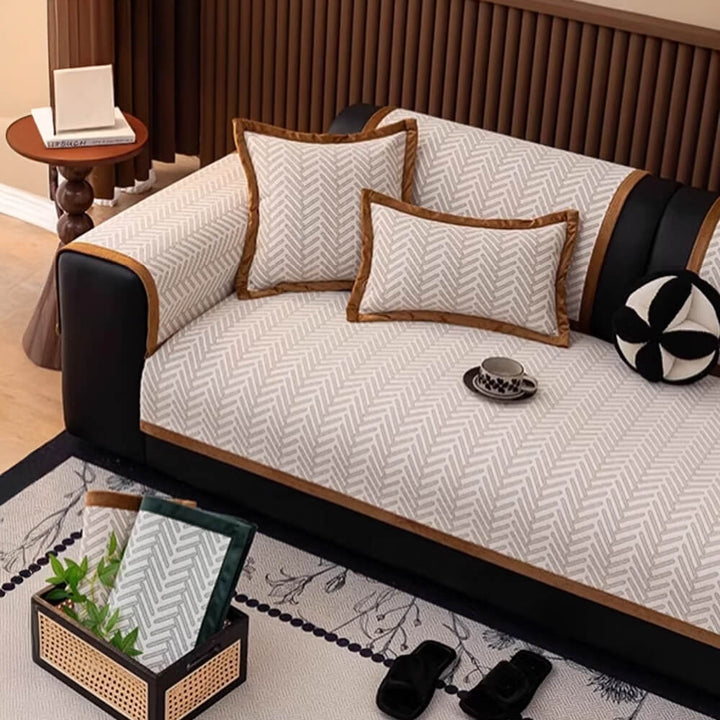 Anti-scratch herringbone chenille sofa cover, specifically designed to withstand pet claws.