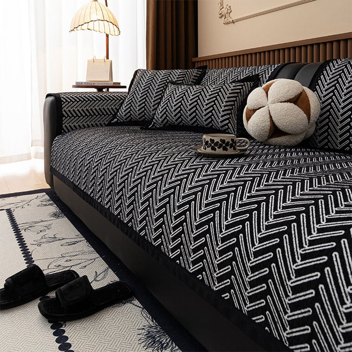 Elegant chenille sofa protector with herringbone design, ideal for pet-friendly homes