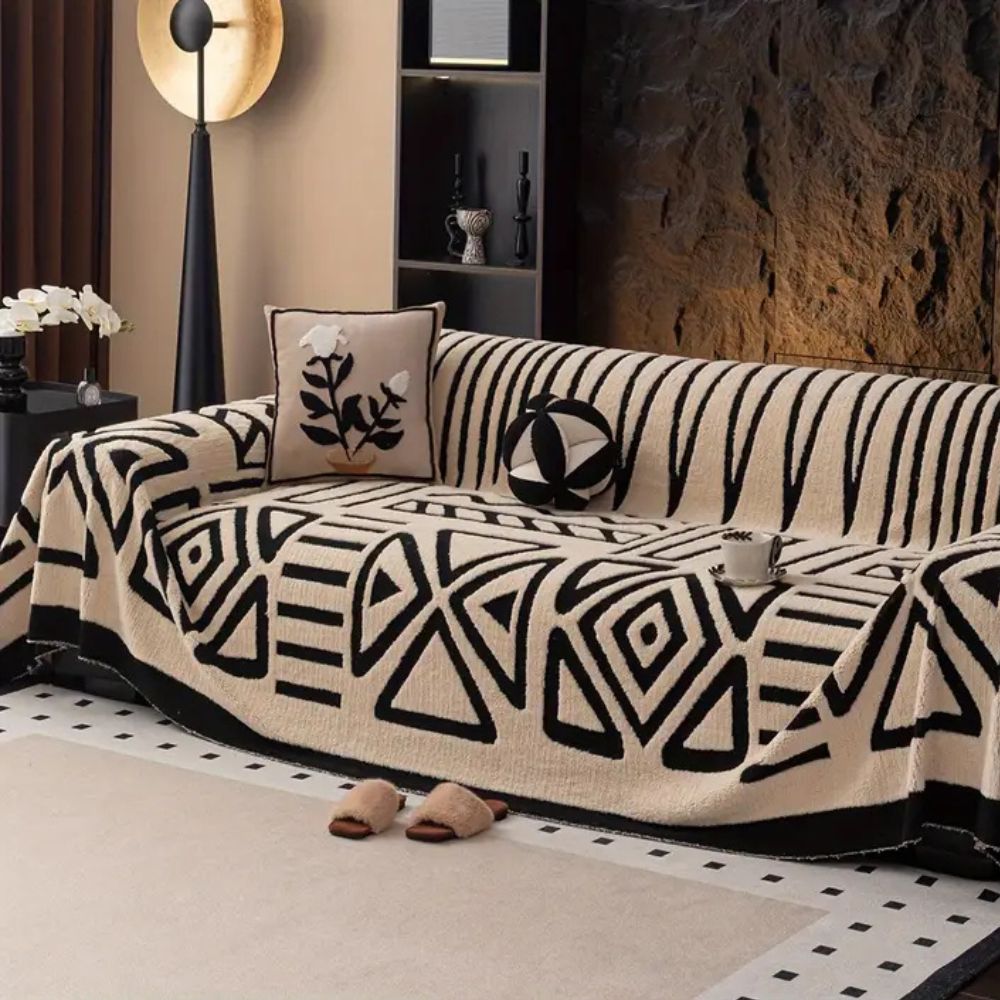 Modern jacquard sofa cover with maze pattern for living room decor protection, pet friendly