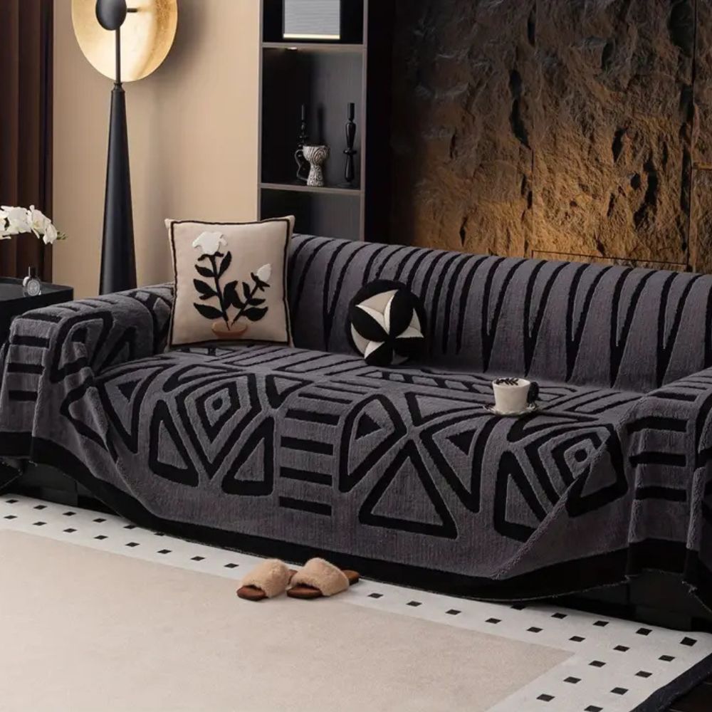 Durable microfibre couch protector with modern maze jacquard design, easy to clean
