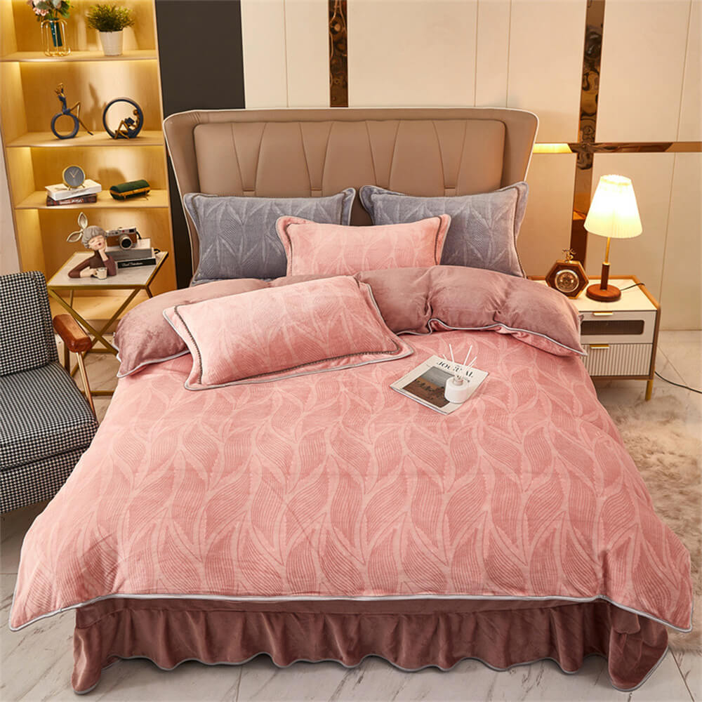 Complete modern leaf pattern velvet bedding set with duvet cover, two pillowcases, & bed skirt.
