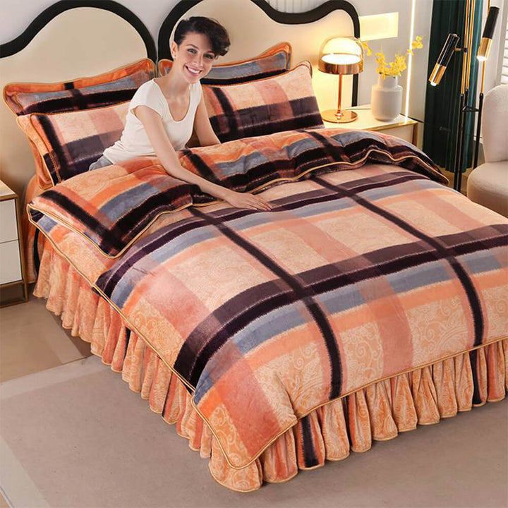 Luxury milk velvet bed sheet set, California king with skirt design for a modern & warm bedroom