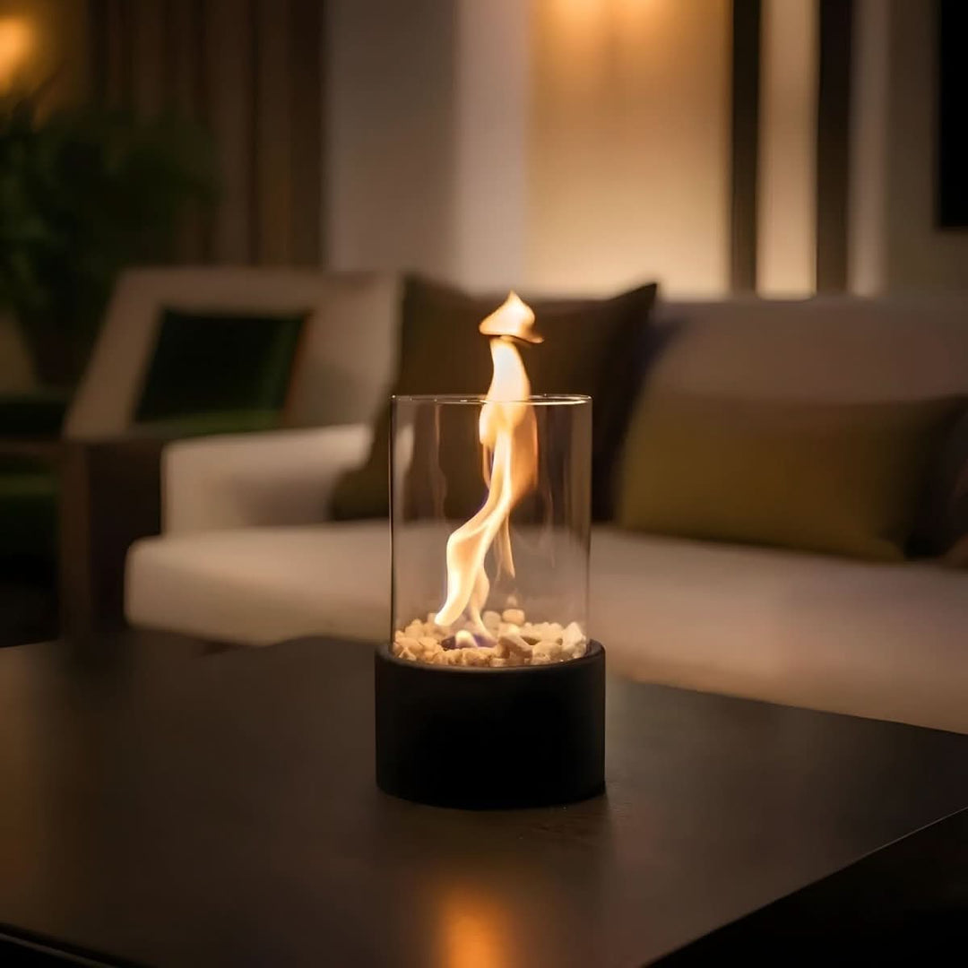 Elegant modern tabletop fireplace with decorative flame, a clean-burning bioethanol living room accent.