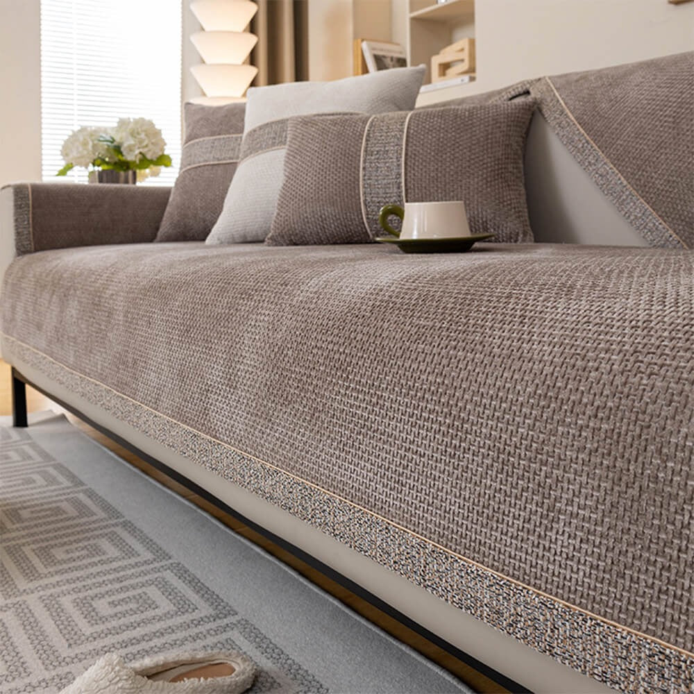 Close-up of anti-slip tweed chenille sofa cover texture, suitable for homes with pets