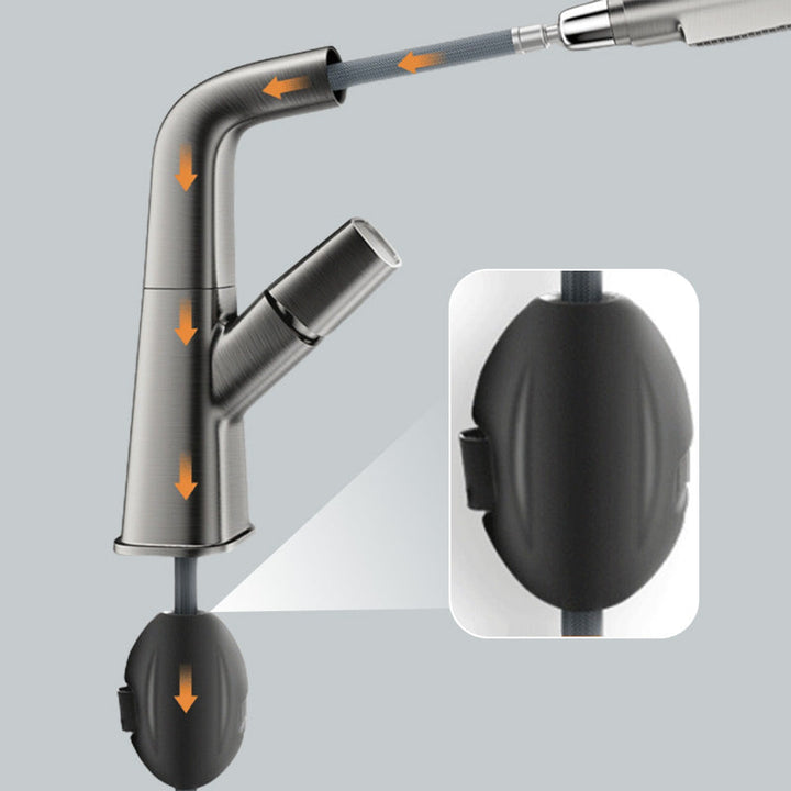 "Moderne 1-Loch-Waschtischarmatur mit herausziehbarem Sprühkopf in Chrom, elegantes Design mit 360-Grad-Drehung."