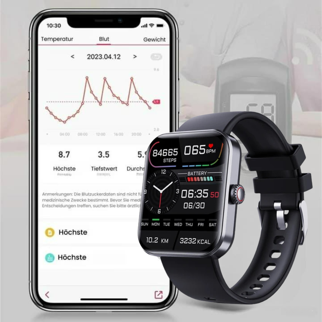 "Moderne Gesundheits-Smartwatch mit Echtzeit-Blutzuckermessung, stilvollem Design und wasserdichtem Gehäuse."