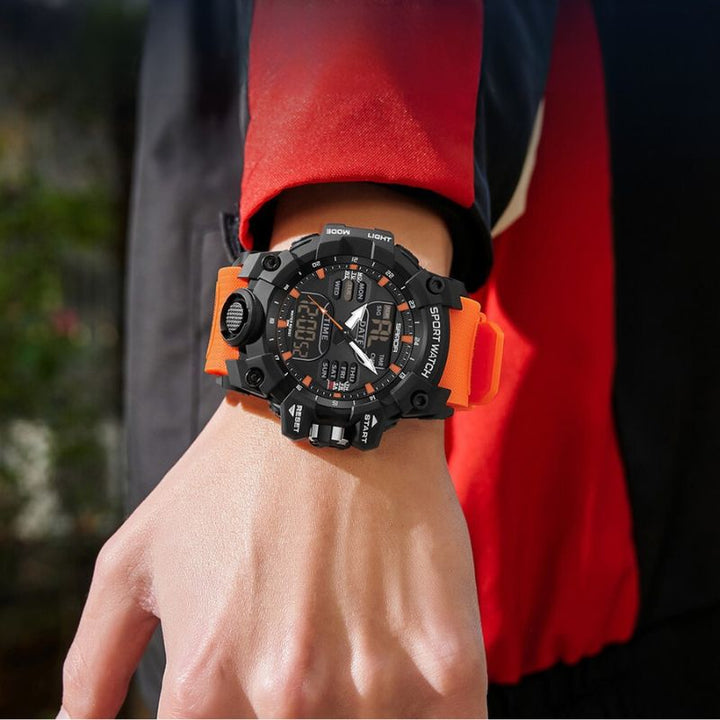 Moderne Herren-Sportuhr mit LED-Display, wasserdicht, in Grau, ideal für Fitness-Tracking und stilvolle Abenteurer.