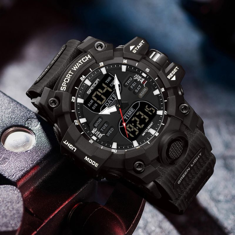 Moderne Herren-Sportuhr mit LED-Display, wasserdicht, in Grau, ideal für Fitness-Tracking und stilvolle Abenteurer.