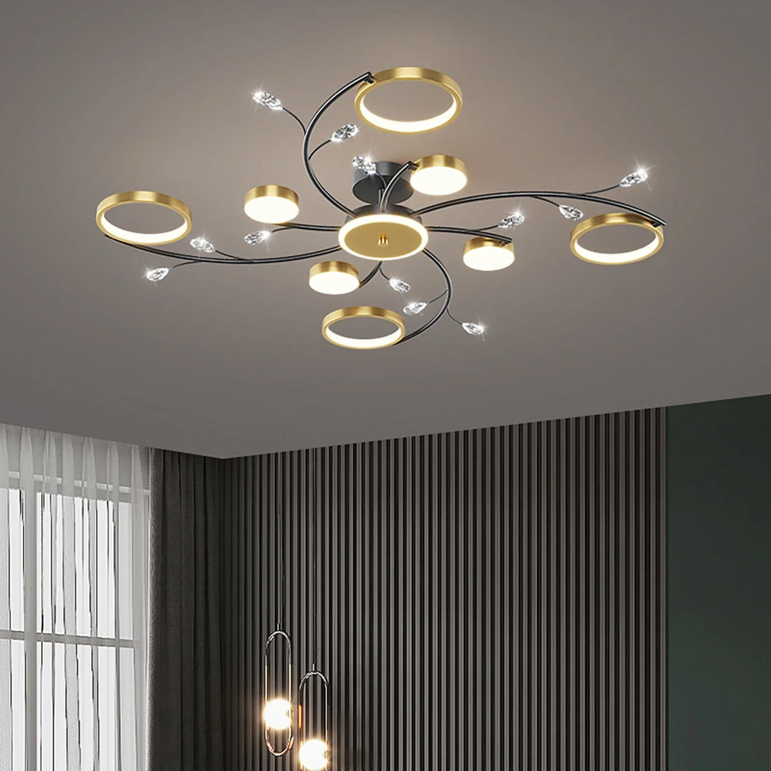 "Moderne LED-Deckenleuchte, dimmbar, in elegantem Gold-Schwarz, für stilvolles Ambiente in Schlafzimmer und Esszimmer."