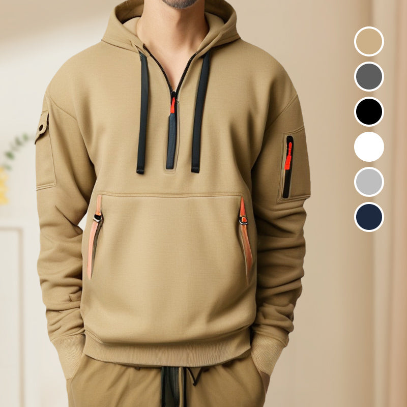 "Moderner Adriano Hoodie mit halbem Reißverschluss, minimalistisch, grau, weich, atmungsaktiv, stilvoll und flexibel."