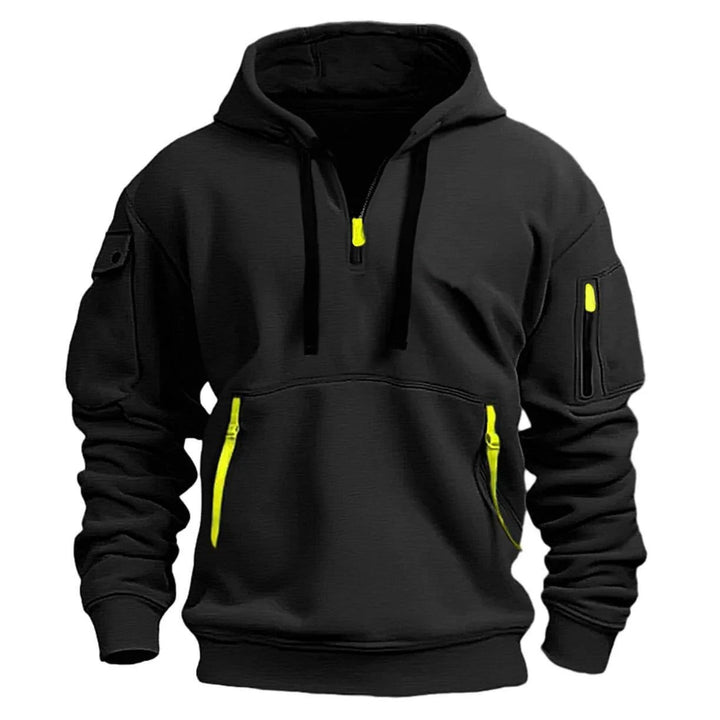 "Moderner Adriano Hoodie mit halbem Reißverschluss, minimalistisch, grau, weich, atmungsaktiv, stilvoll und flexibel."