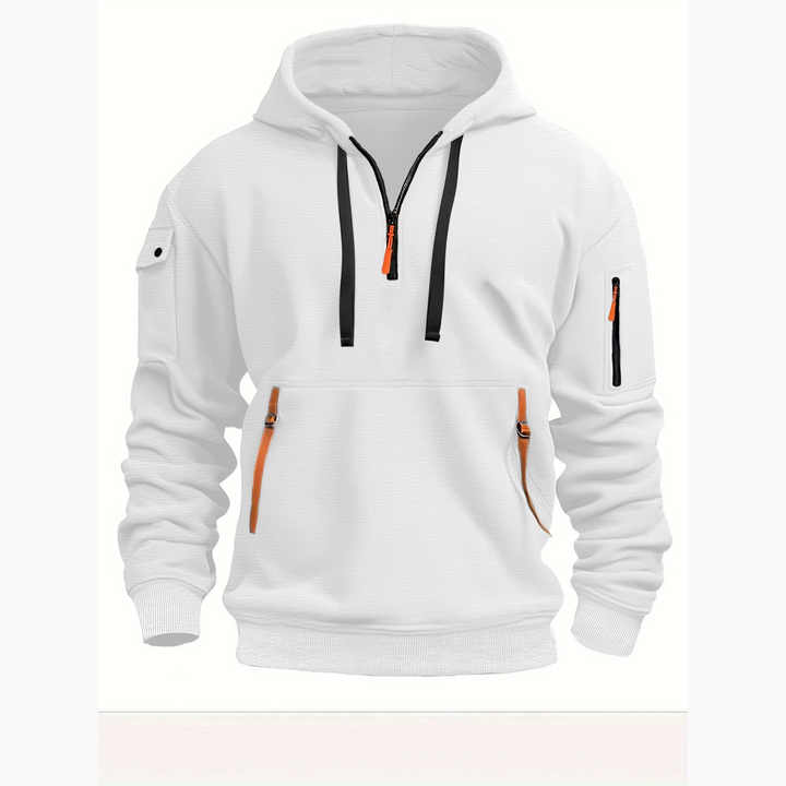 "Moderner Adriano Hoodie mit halbem Reißverschluss, minimalistisch, grau, weich, atmungsaktiv, stilvoll und flexibel."