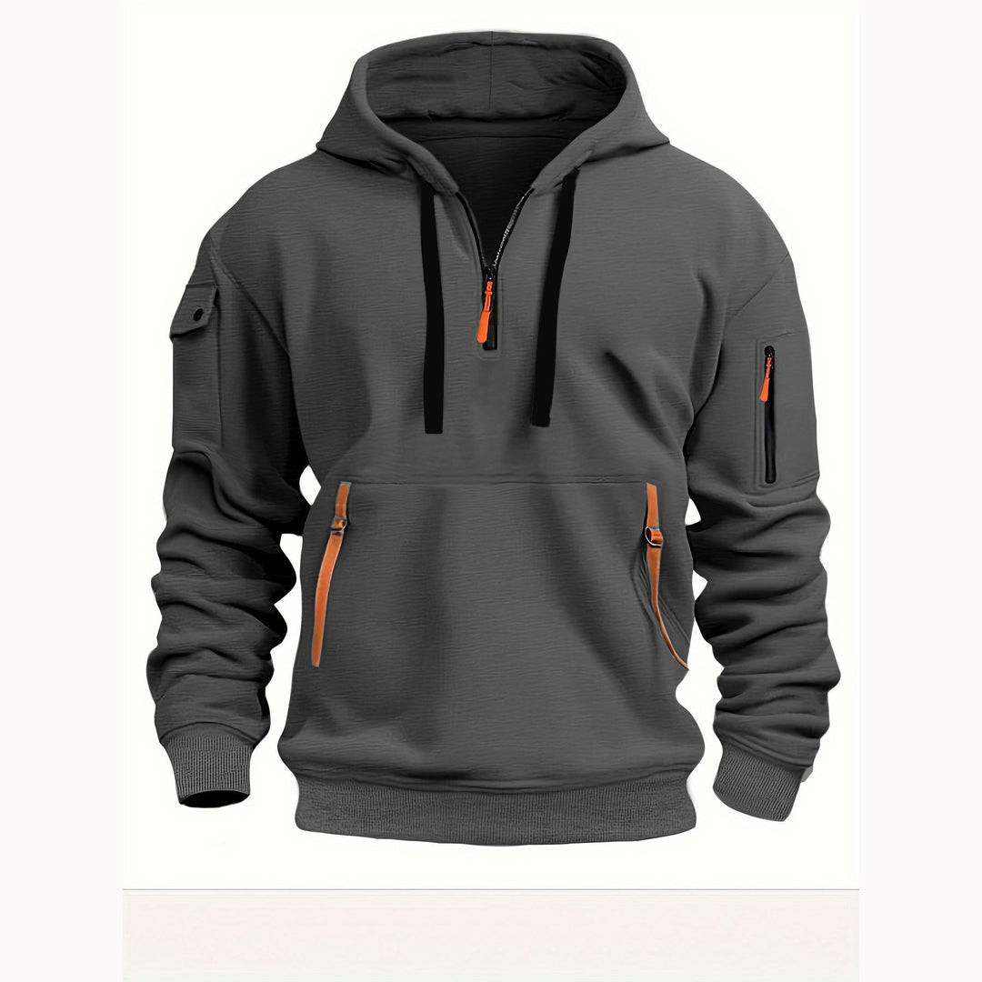 "Moderner Adriano Hoodie mit halbem Reißverschluss, minimalistisch, grau, weich, atmungsaktiv, stilvoll und flexibel."