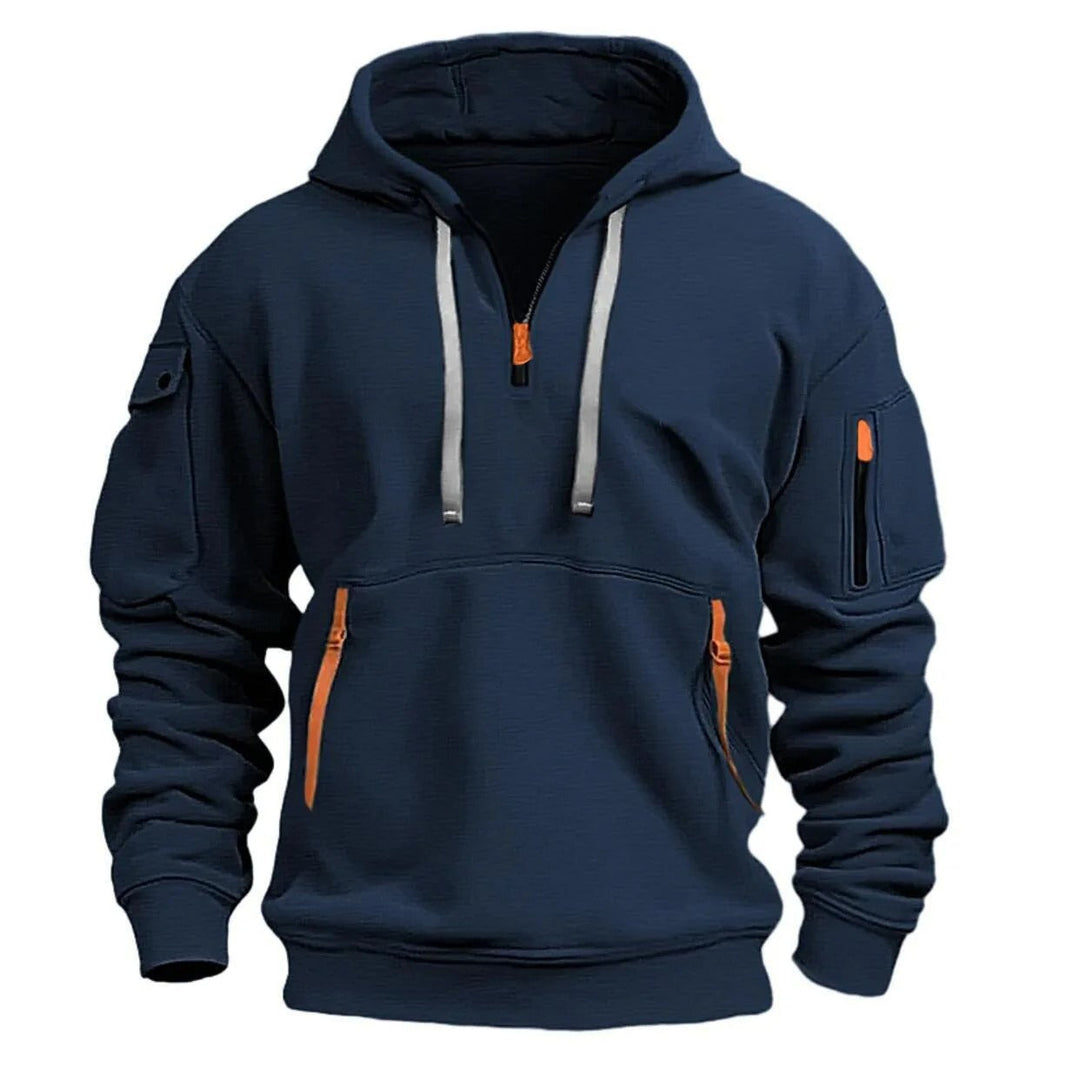 "Moderner Adriano Hoodie mit halbem Reißverschluss, minimalistisch, grau, weich, atmungsaktiv, stilvoll und flexibel."