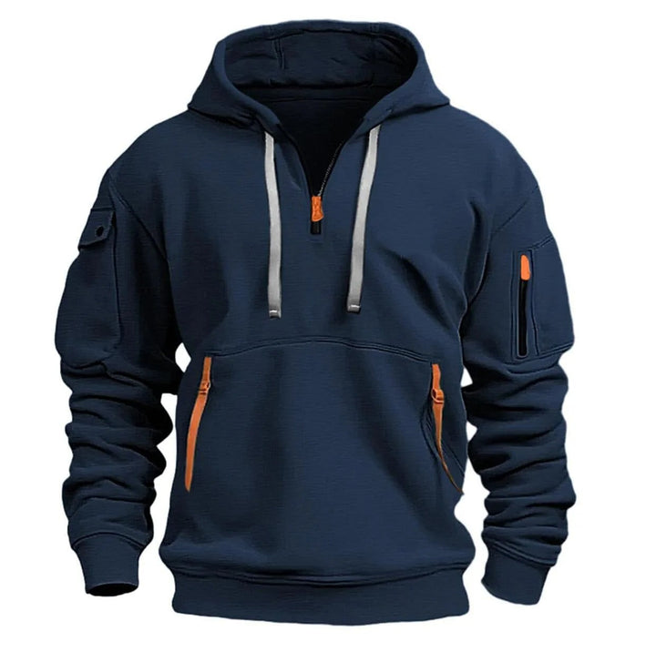 "Moderner Adriano Hoodie mit halbem Reißverschluss, minimalistisch, grau, weich, atmungsaktiv, stilvoll und flexibel."