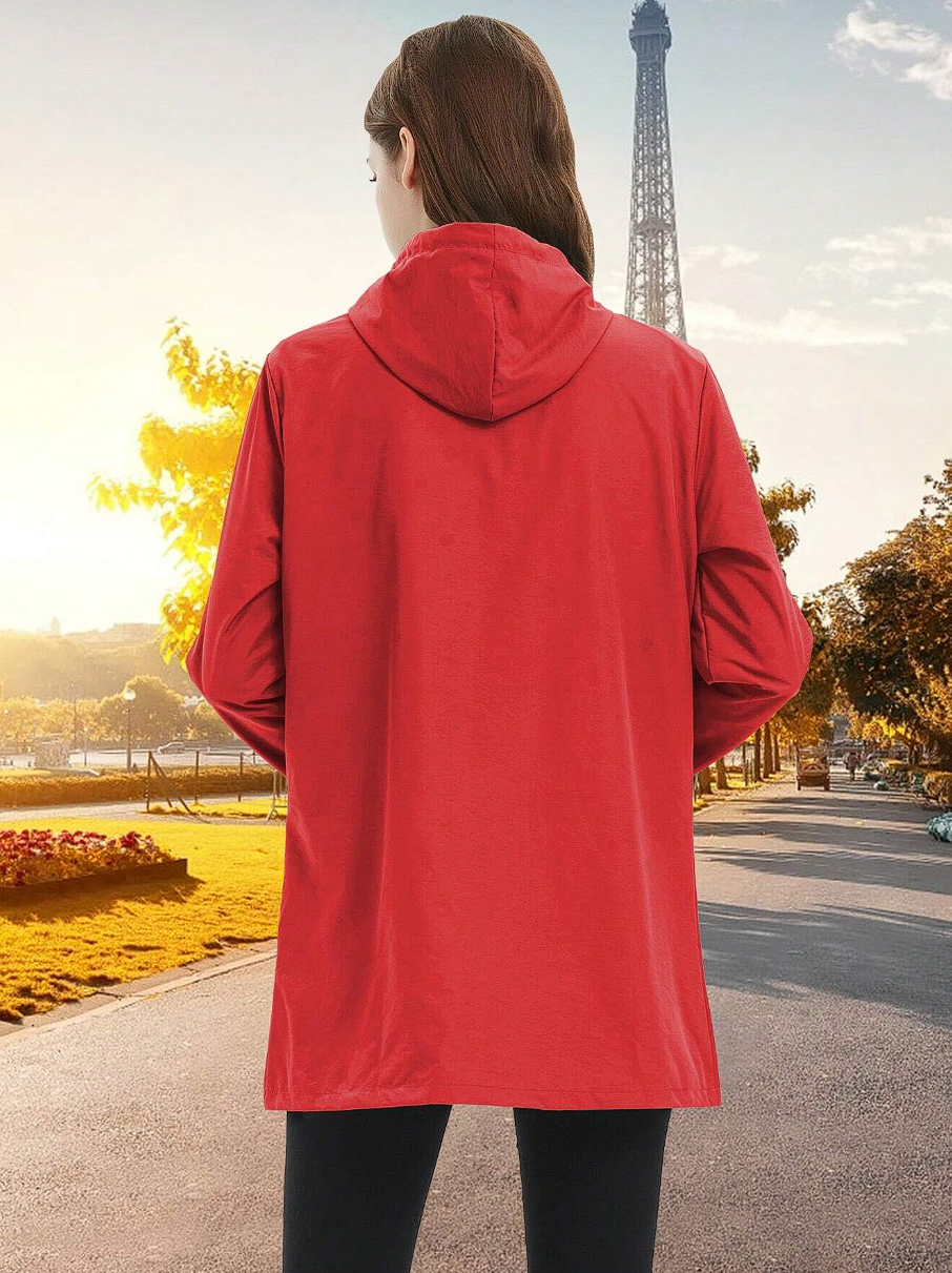 Moderner Damenmantel, wasser- und winddicht, mit Kapuze, mittlere Länge, perfekt für jede Wetterlage und stilvolles Outfit.