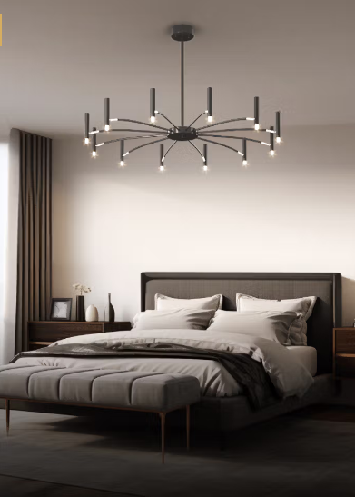 Moderner, eleganter Kronleuchter aus edlen Materialien, ideal für stilvolle Wohnräume, zeigt 24 Kerzen mit gemischten Längen.