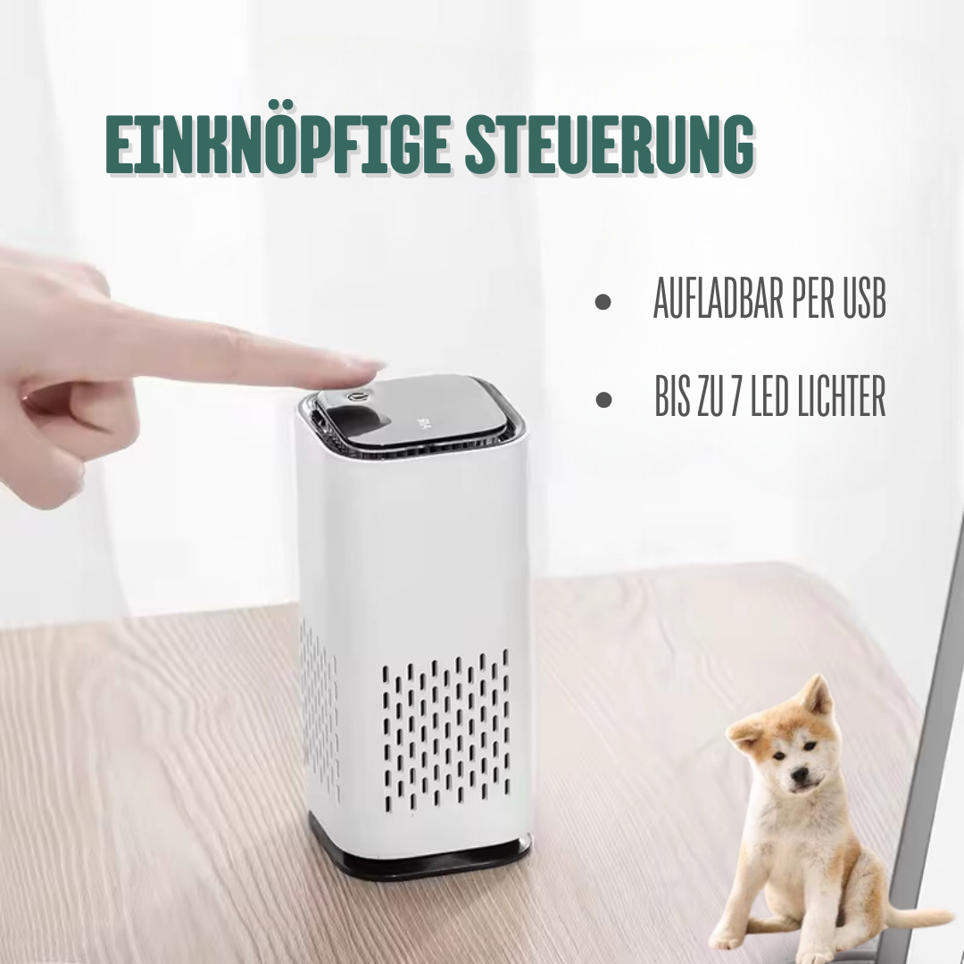 Moderner Haustier-Lufterfrischer, kompakt und stilvoll, mit LED-Farbwahl, ideal für saubere Luft im Tierhaushalt.