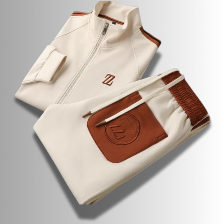 Moderner Herren Jogginganzug, atmungsaktiv, in Grau mit Kapuze und Taschen, ideal für Sport und Freizeit.