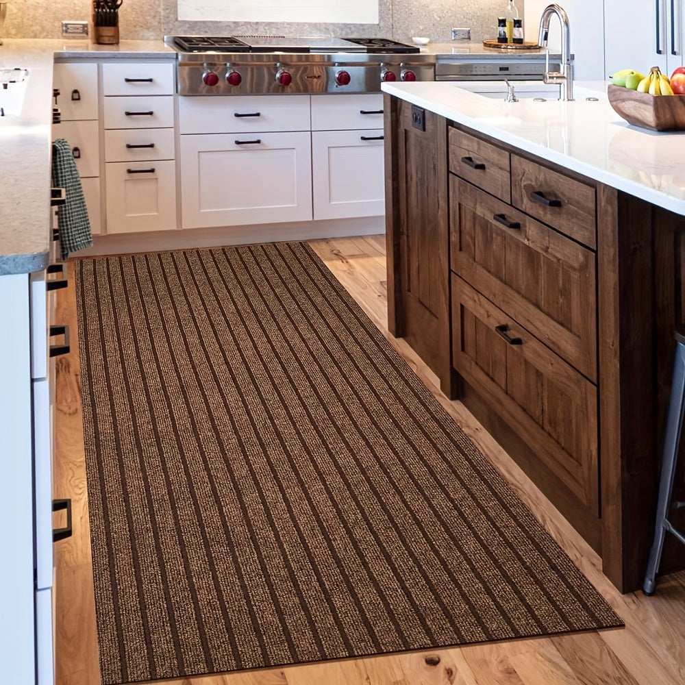 "Moderner, rutschfester Streifenläufer für drinnen und draußen, rechteckig mit Gummirückseite, waschbar und wetterfest."