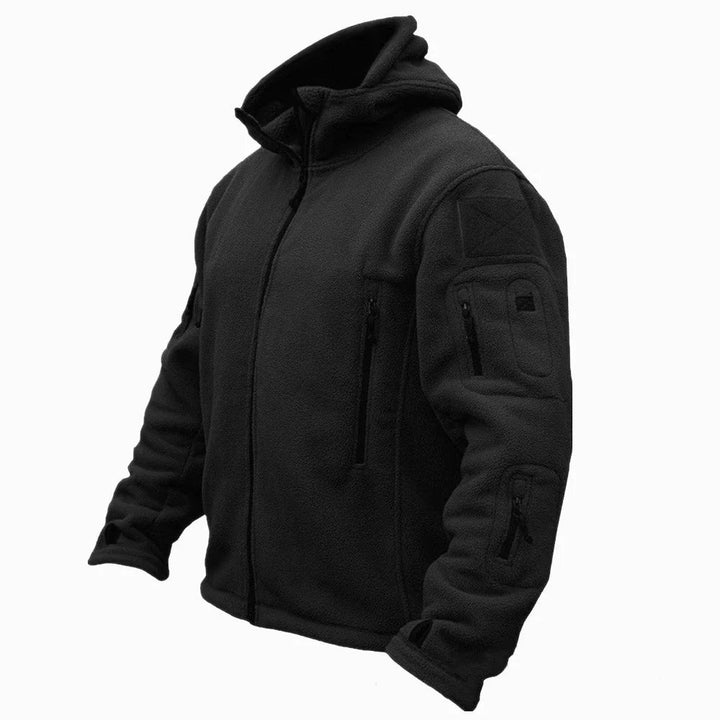 Durable men's tactical hooded jacket with multiple pockets, perfect for outdoor adventure and active wear.