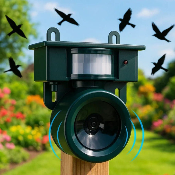 Motion sensor bird repeller for outdoor use, deters wildlife humanely from gardens, patios & backyards.