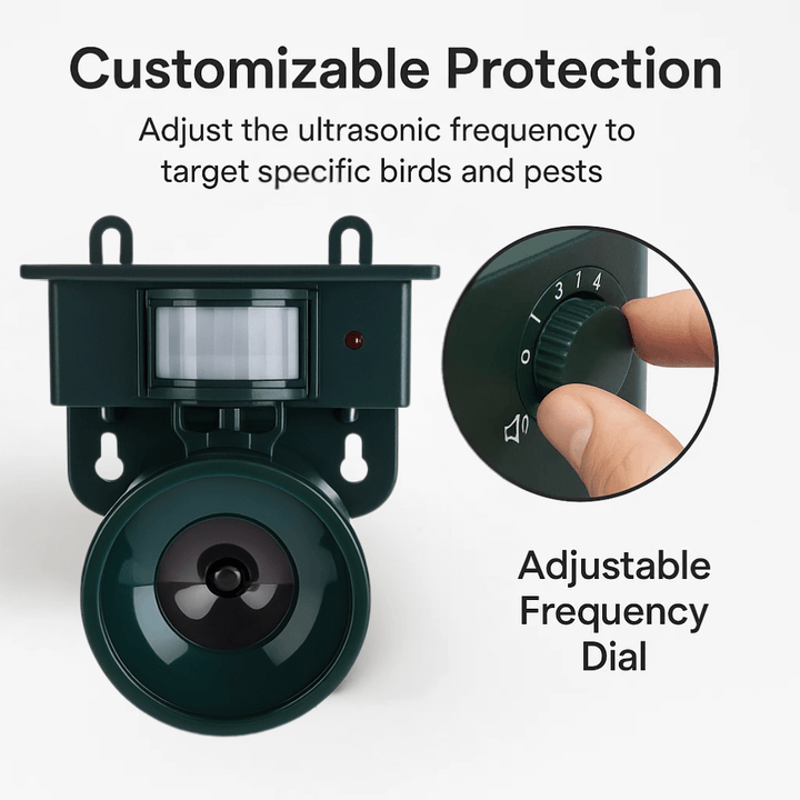 Compact motion sensor bird scarer, ideal for garden protection. Humane outdoor repeller keeps birds off plants.