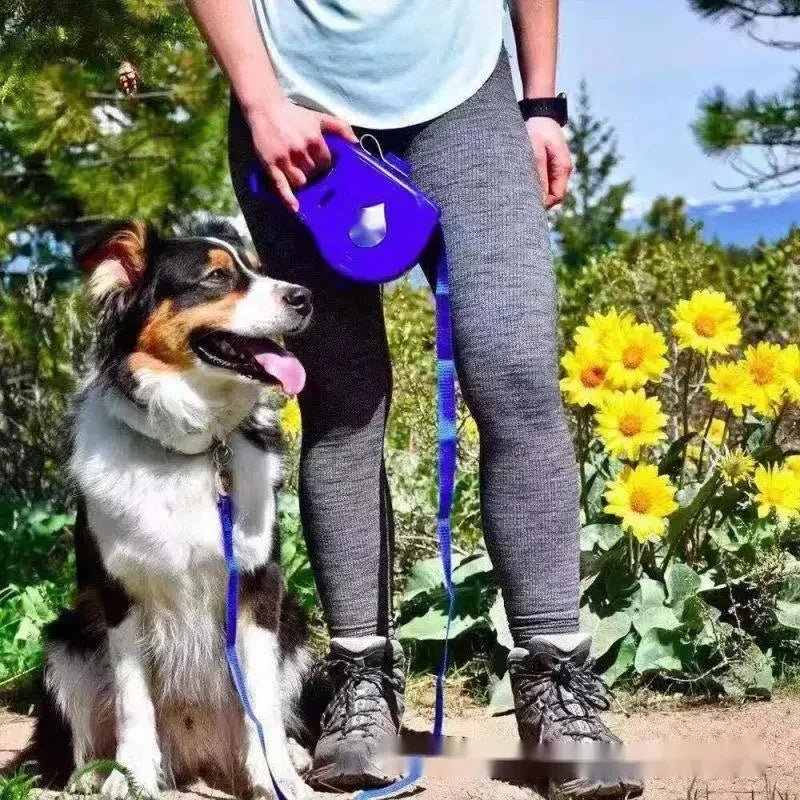 Unisex durable dog leash with built-in water dispenser, bowl, and poop bag holder for walks