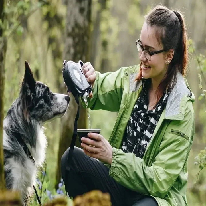 Black dog walking gear: 4-in-1 leash with water bottle and waste bag dispenser for pets