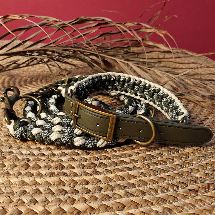 Multifunctional anti-pull dog collar and leash set, hand-woven leather and hemp rope, for dog walking