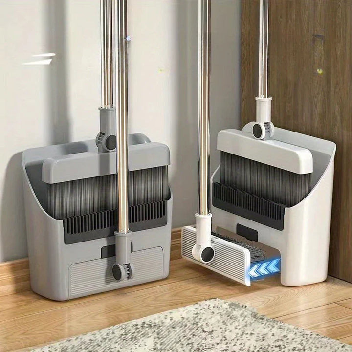 Stylish broom and dustpan with a dustpan scraper for hassle-free pet hair and lint removal.